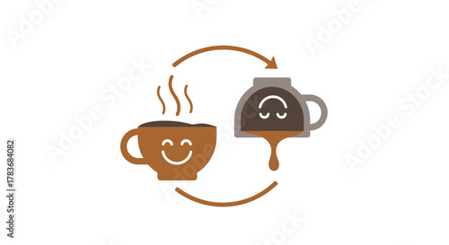 Animated Coffee Cycle Illustration:  Brewing Process Depicted with Smiling Cups and Steaming Aroma