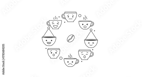 Expressive coffee cups in circular arrangement portraying various emotions and festive themes