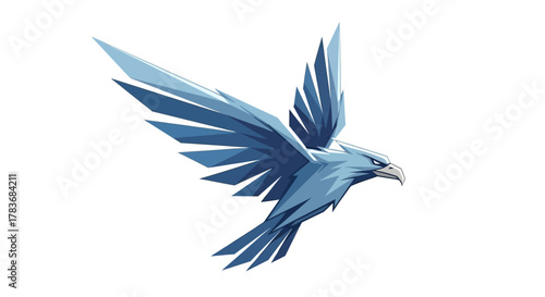 Geometric representation of a light blue eagle in mid-flight against a pristine white backdrop