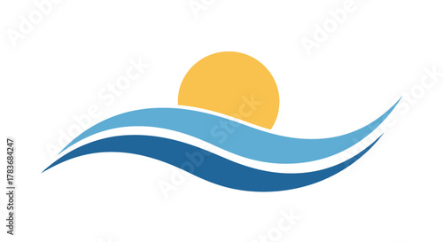 Abstract serene ocean waves with sun rising minimalistic logo design illustration