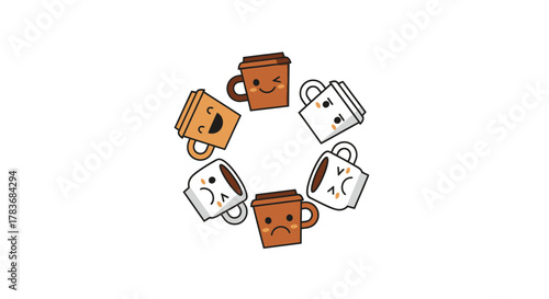Circle of caffeinated emotions: an animated illustration of coffee cups with expressive faces