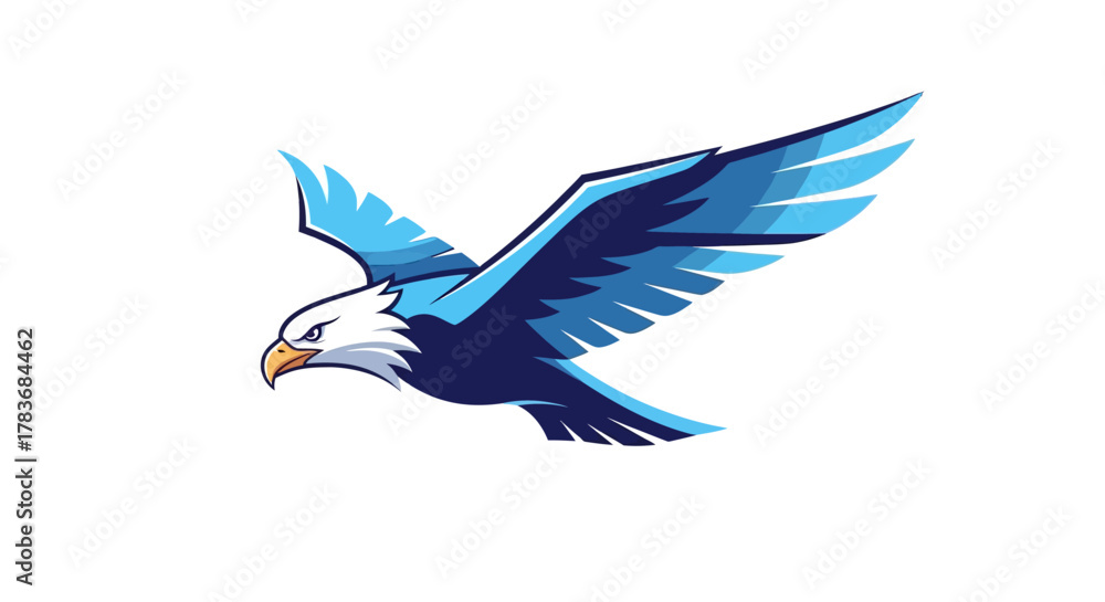 Obraz premium Stylized bald eagle soaring graphic representation in blue hues on white backdrop