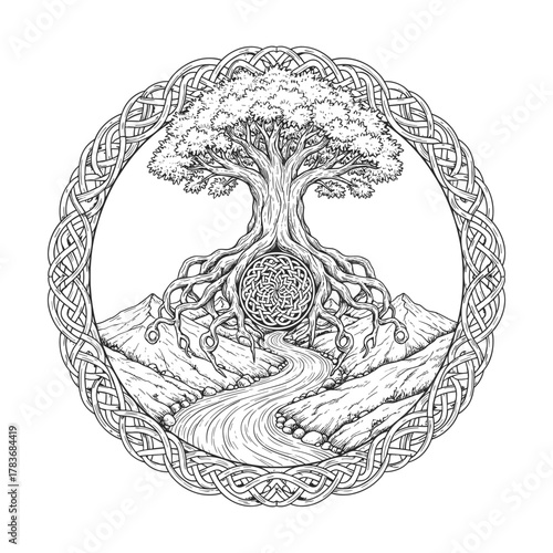 Celtic Tree of Life Symbol – Sacred Knotwork Yggdrasil Design for Tattoos, Spiritual Art, and Pagan Decor, vector illustration, isolated black and white, Vector art