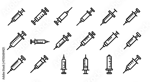 A collection of outline syringe icons in various orientations and styles, presented on a clean white background, perfect for graphic design, web development, app interfaces, and advertising