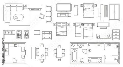 Top-down view of furniture icons for interior design, including a sectional sofa, coffee table, TV stand, dining tables, chairs, beds, nightstands, dressers, kitchen appliances, sinks, bathtubs