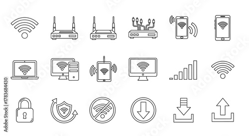 Modern line icon set representing WiFi and router technology, including signal strength, devices like laptops and smartphones, security shields, download/upload symbols, and a lock, all on a clean