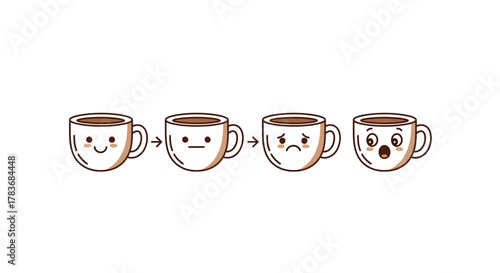 Coffee cups exhibiting stages of emotional change through consumption progression