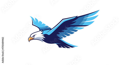 Stylized bald eagle soaring graphic representation in blue hues on white backdrop