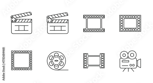 A collection of eight minimalist black and white vector icons representing movie filming and production. The set includes a clapperboard, film strips, a film reel, a film frame, and a vintage video