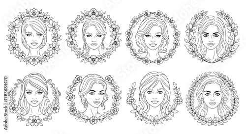 Set of eight elegant line art illustrations featuring diverse women's faces framed by delicate floral wreaths, presented on a clean white background, perfect for beauty, fashion, and lifestyle