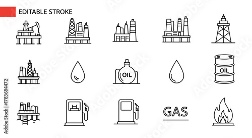 Oil and Gas Industry Icons Set: A comprehensive collection of editable stroke outline web icons representing the energy sector, including oil rigs, refineries, offshore platforms, petroleum drops