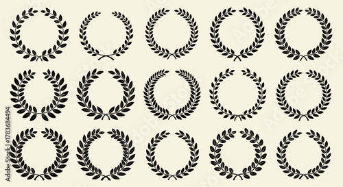 Retro laurel wreaths set, circle winner trophy decor elements for award banner, emblem, label, badge. Black round branches with leaves collection. Vintage victory symbols for design.