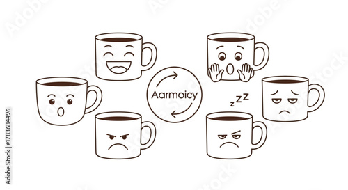 Expressive coffee mugs showcasing a range of emotions from joyful to sleepy to angry mood swings