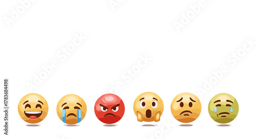 A vibrant and diverse collection of 3D emoji faces showcasing a spectrum of human emotions, including joy, sadness, anger, shock, and despair, presented in a clean, ordered line against a stark white