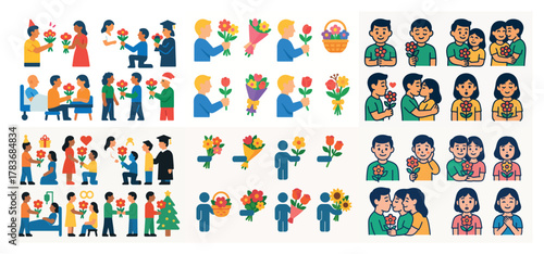 Diverse people giving flowers in various situations