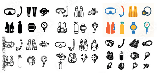 Scuba diving gear icons collection in various styles
