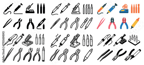 Soldering tools and pliers icon set in various styles
