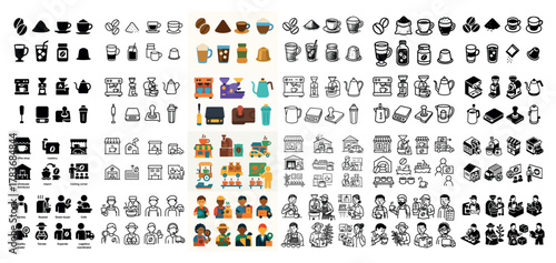Diverse coffee icon set with people and accessories