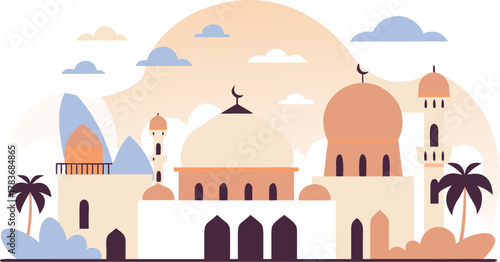 Peaceful Islamic Cityscape with Mosques and Palm Trees