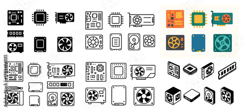 Computer hardware components icons set