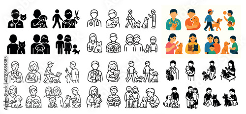 Veterinarians caring for pets in various styles