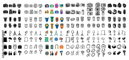 Diverse camera and photography equipment icons set