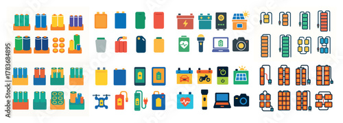 Colorful battery icon set with energy symbols