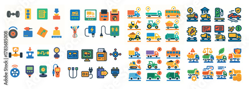 Colorful transportation and technology icons collection