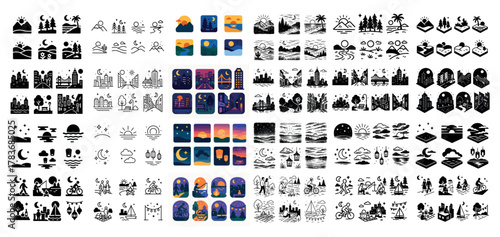 Diverse icon set of landscapes and city scenes
