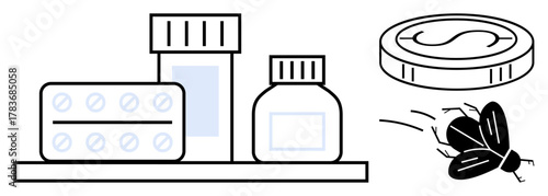 Pill bottles, blister pack, tablet container, bait station, and fly visualizing healthcare, pest management, hygiene, prevention safety contamination precision. Ideal for clean simple flat