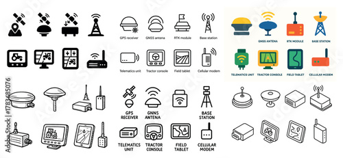 Gps and telematics equipment icons and symbols