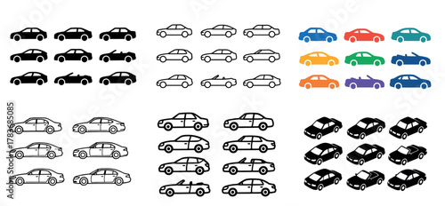 Variety of car silhouettes in different styles and colors