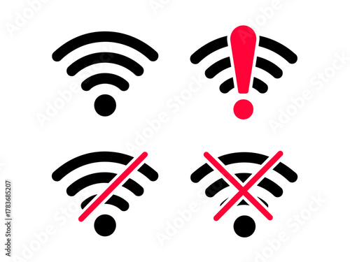 A set of WiFi connectivity status icons, including connected, limited connection, and disconnected states, essential for applications and user interface design in tech contexts.