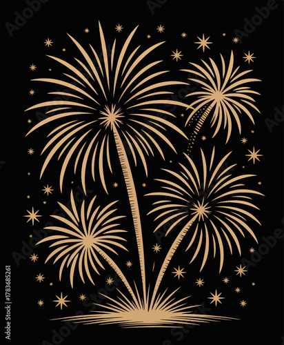 A captivating illustration of golden fireworks bursting against a black background, capturing the essence of celebration and joy in a visually stunning way.