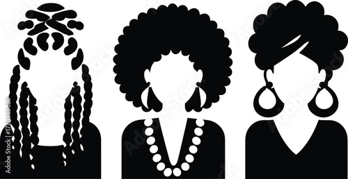 Set of Black women silhouette icons with natural African hairstyles