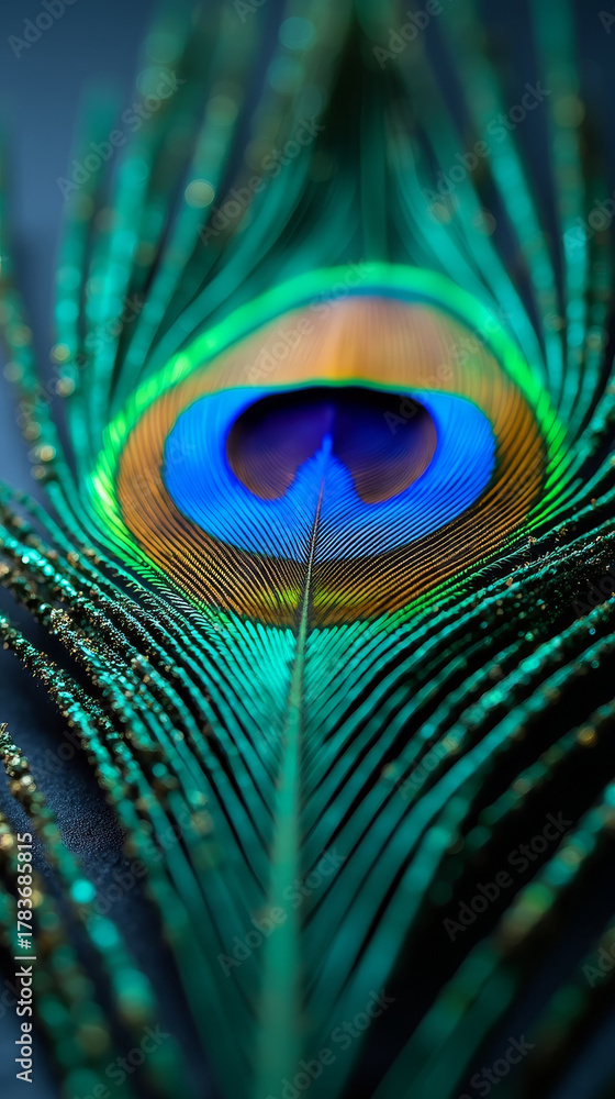 Obraz premium Macro of peacock feather texture with iridescent turquoise, blue and copper hues, fine detail clarity