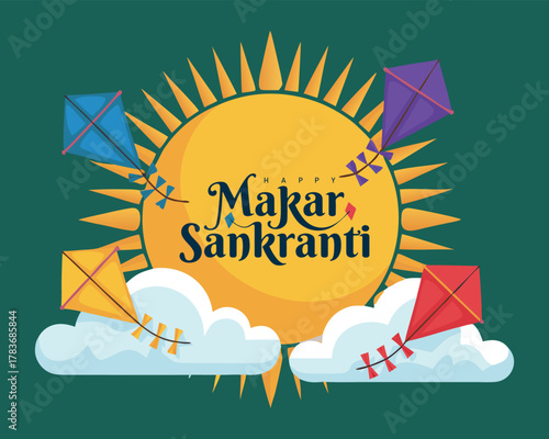 Indian festival Happy Makar Sankranti poster design with group of colorful kites flying. vector illustration design.