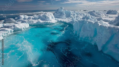 Aerial View of Icebergs and Turquoise Water in the Arctic Ocean