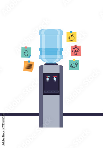 A water cooler with healthy food reminders like fruit, broccoli, and a water drop on sticky notes.