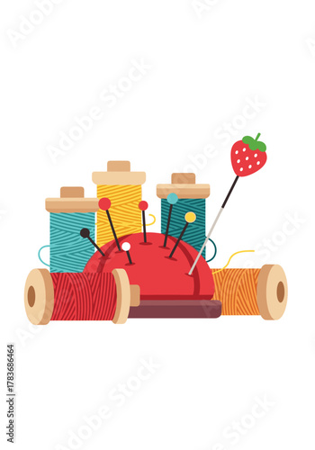 Sewing supplies with spools of thread, a pincushion, and pins, including a strawberry-topped needle.