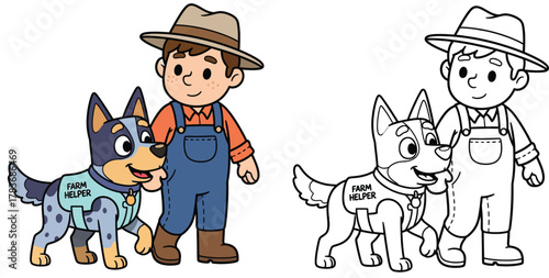 Cute Cartoon Farmer and Blue Heeler Dog Duo Working Together as Farm Helpers - Adorable Children's Illustration