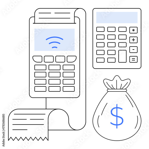 POS machine with paper receipt, wireless payment signal, calculator, and money bag. Ideal for payments, accounting, budgeting, finance, economics shopping and simple flat metaphor