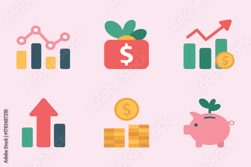 Financial growth icons set for investment, savings, and profit