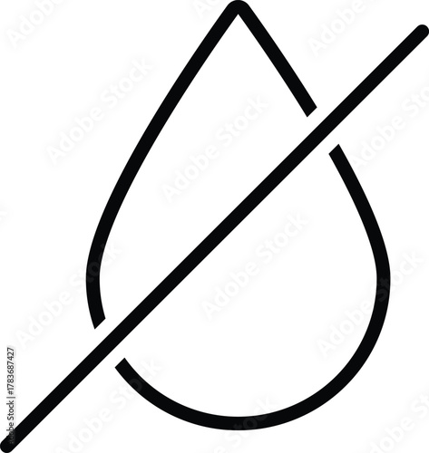 Minimal linear vector icon of a crossed-out water drop symbolizing dryness, no liquid content, dehydration, or water restriction