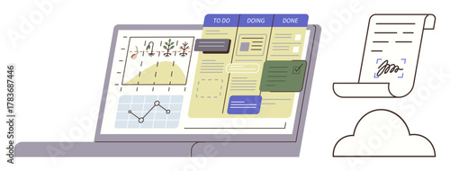 Open laptop displaying task boards, charts, and data graphs beside signed document and cloud icon. Ideal for project management, task tracking, productivity, collaboration, analytics, planning