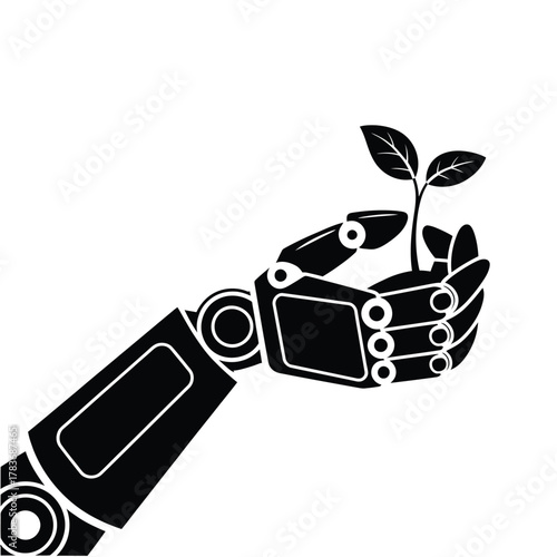 Robot hand holding a small green plant with leaves