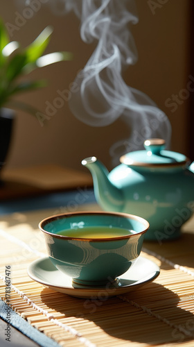 Japanese tea ritual scene with ceramic teapot and cup on bamboo mat, soft steam and elegant minimal mood