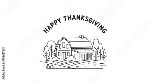 Happy thanksgiving greeting with a charming line art illustration of a rustic barn and surrounding landscape