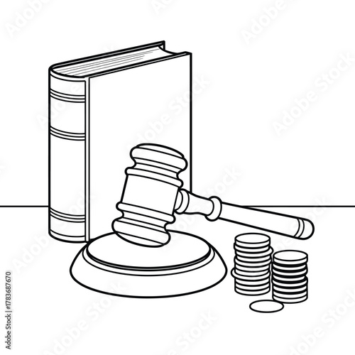 Legal gavel and law book with stacked coins illustration