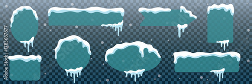 Winter set of frames of different shapes with snow.